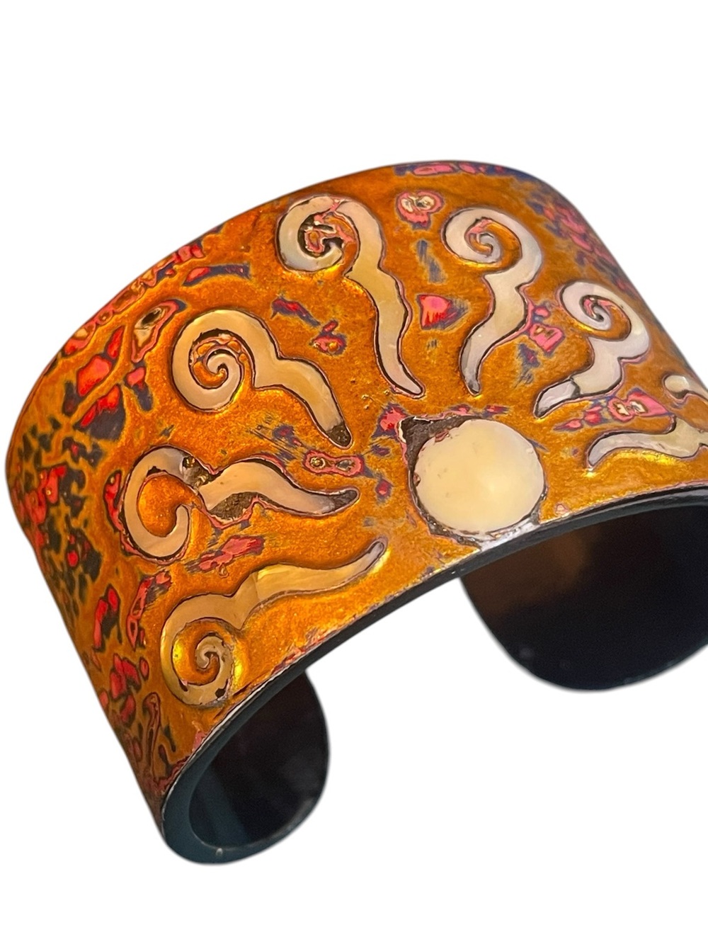 Vintage Artisan Celestial MOP Inlaid Cuff Bracelet & Copper Moon Brooch - Picture 11 of 12
